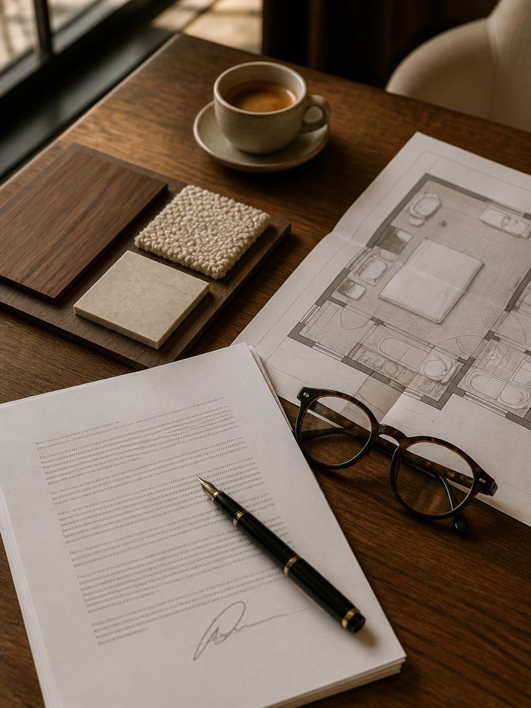 Blueprints, brass compass and fountain pen on stone-colored paper