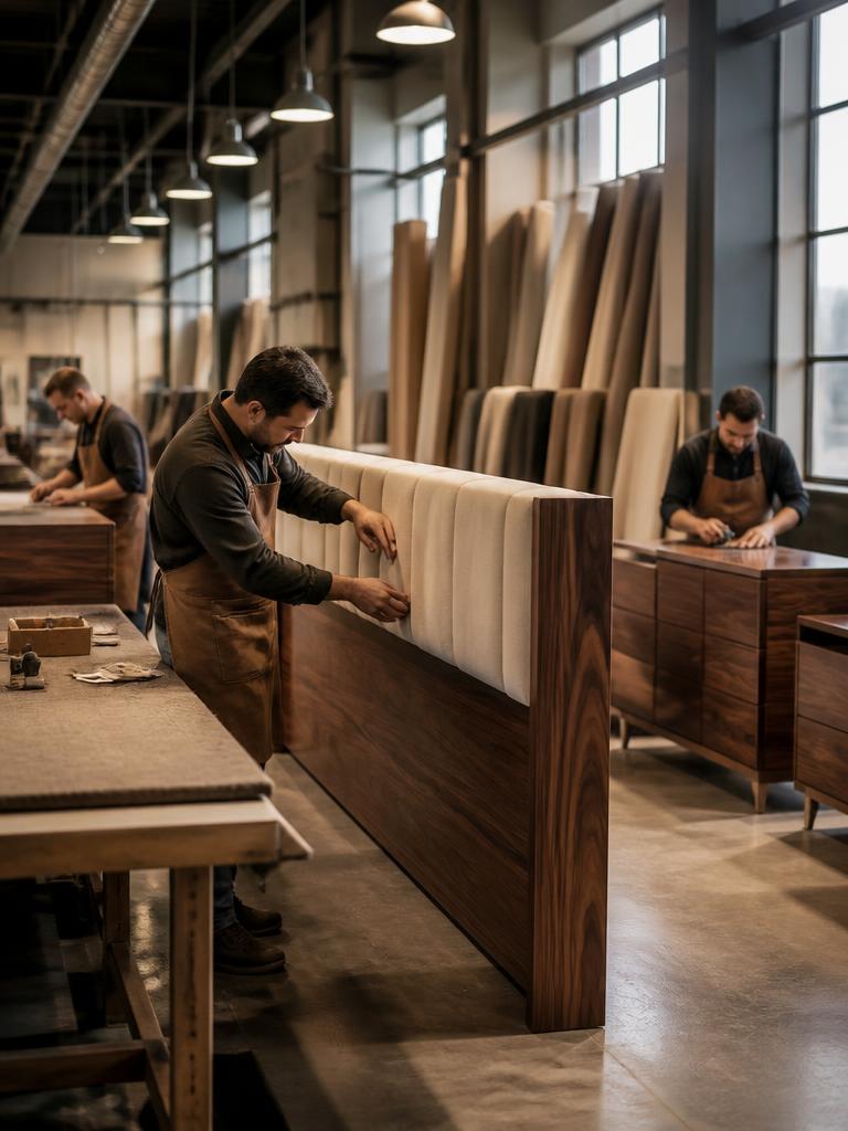 Master craftsman hand-finishing bespoke walnut furniture in our European atelier